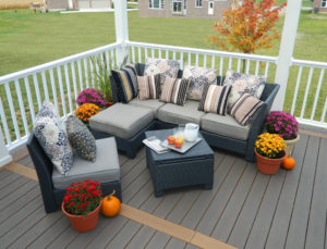 backyard patio with unique deck board design